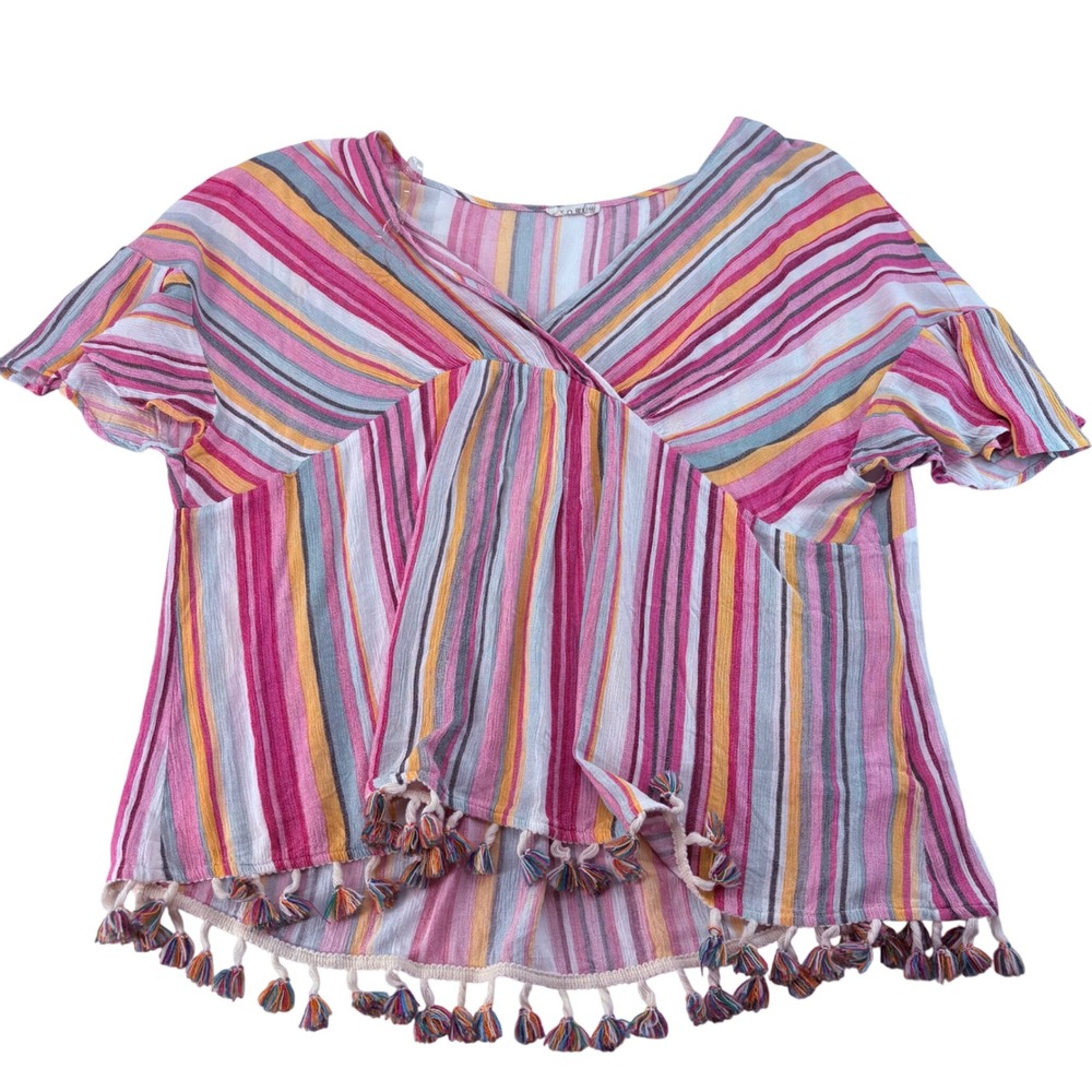 Kori Women XL Pink Yellow Striped V-Neck Tassel Hem Viscose Top PN6451